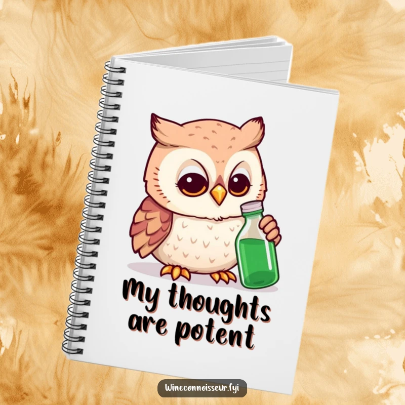 Funny owl expert notebook featuring a smiling owl intensely studying a tiny bottle, ideal for capturing creative thoughts.