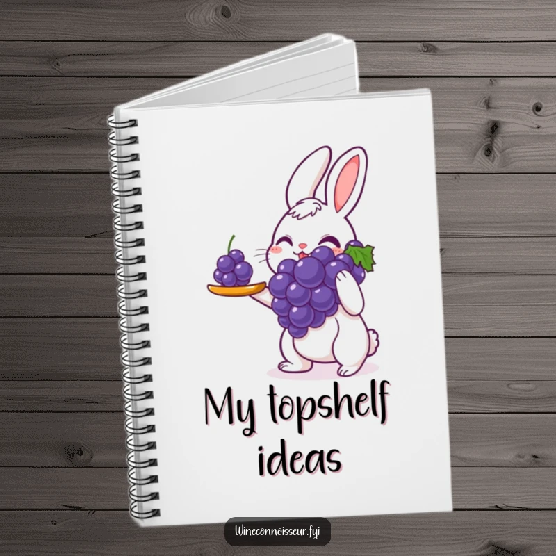 Funny notebook with a delighted rabbit server carefully presenting a single perfect grape, ideal for jotting notes and ideas with a charming, humorous theme.