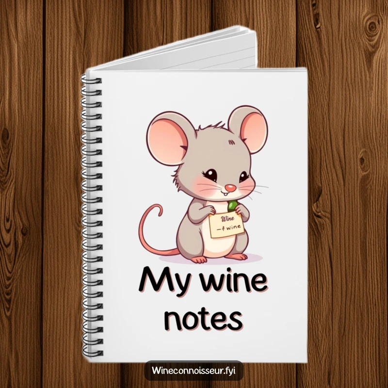 Funny wine mouse notebook with a thoughtful mouse studying a wine label on the cover. Perfect for notes and ideas.
