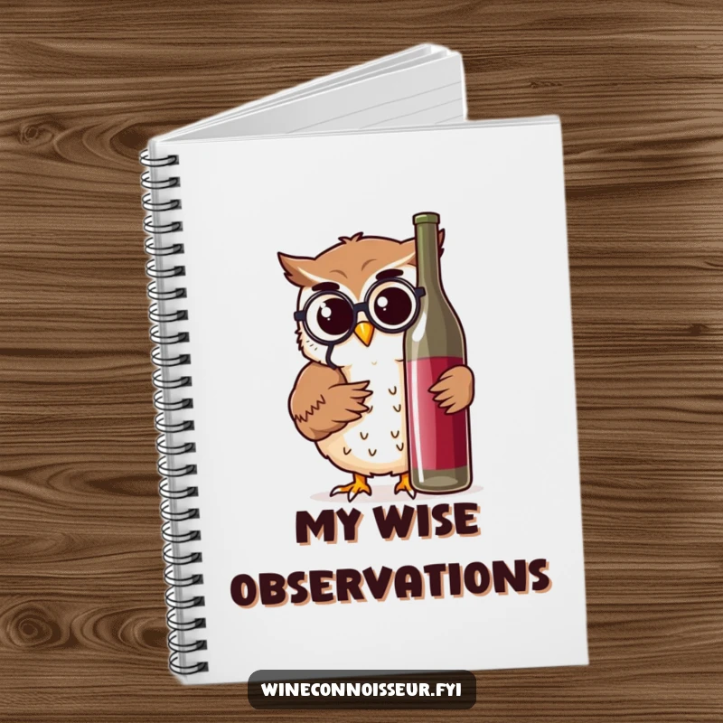 Funny notebook with a wise owl character examining a wine bottle, perfect for notes and insightful ideas.