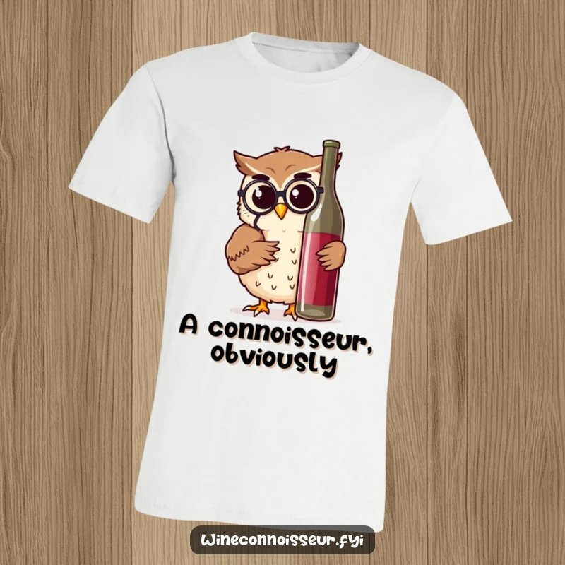 Funny owl wearing a monocle inspecting a wine bottle with a thoughtful nod, printed on a soft, humorous t-shirt.