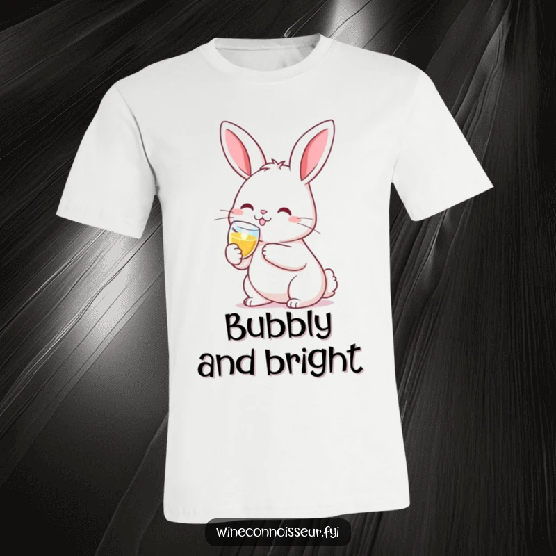 Funny t-shirt featuring a smiling kawaii rabbit clinking a tiny champagne flute, embodying festive and cute celebration.
