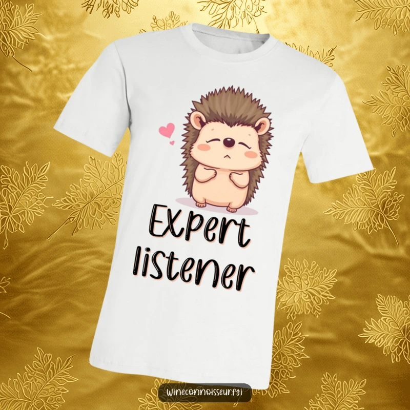 Funny t-shirt with a contented hedgehog listening intently, perfect for those who excel at paying attention.