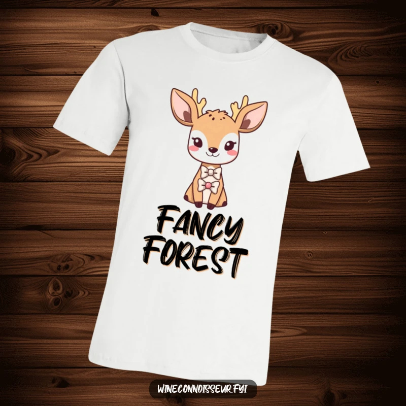 Funny t-shirt featuring a sophisticated Kawaii deer wearing a tiny bowtie, dapper animal illustration, perfect humorous gift.