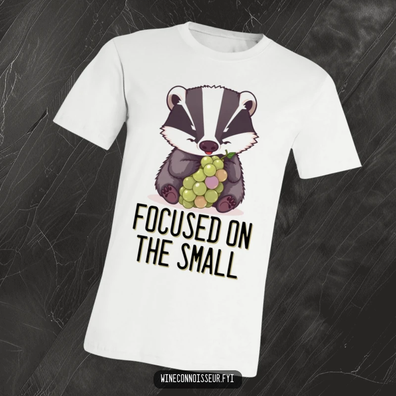 Funny t-shirt depicting a determined badger examining a grape with great concentration, highlighting its serious and humorous approach.