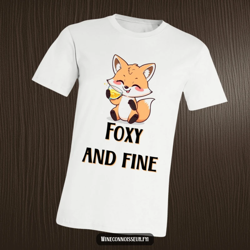 Funny t-shirt depicting a happy, sophisticated fox character gracefully swirling a glass of sparkling liquid, a stylish apparel choice.