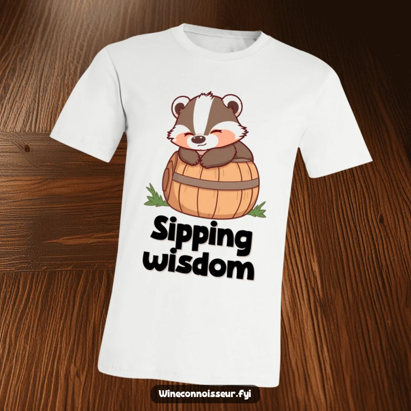Funny t-shirt depicting a wise badger lounging on a barrel with a satisfied expression, representing contentment and leisure.