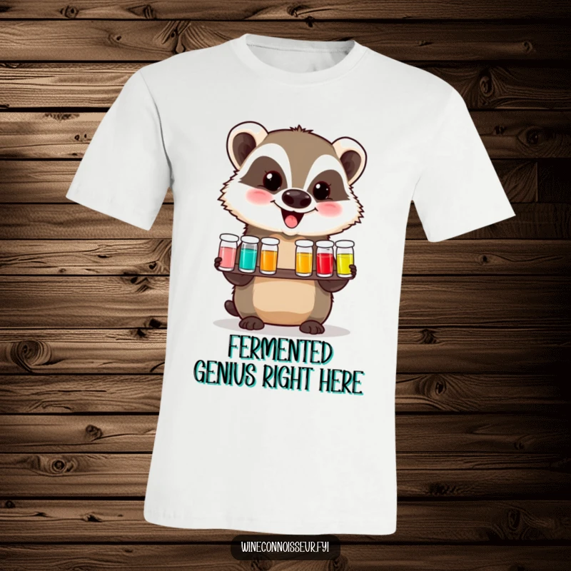 Funny t-shirt with a delighted badger presenting a tasting flight of tiny vials, celebrating its refined palate with high spirits and charm.