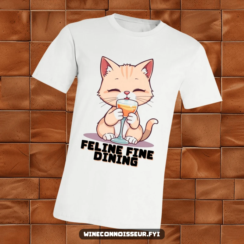 Funny t-shirt with a kawaii cat character elegantly sipping from a tiny goblet, showcasing refined feline humor.