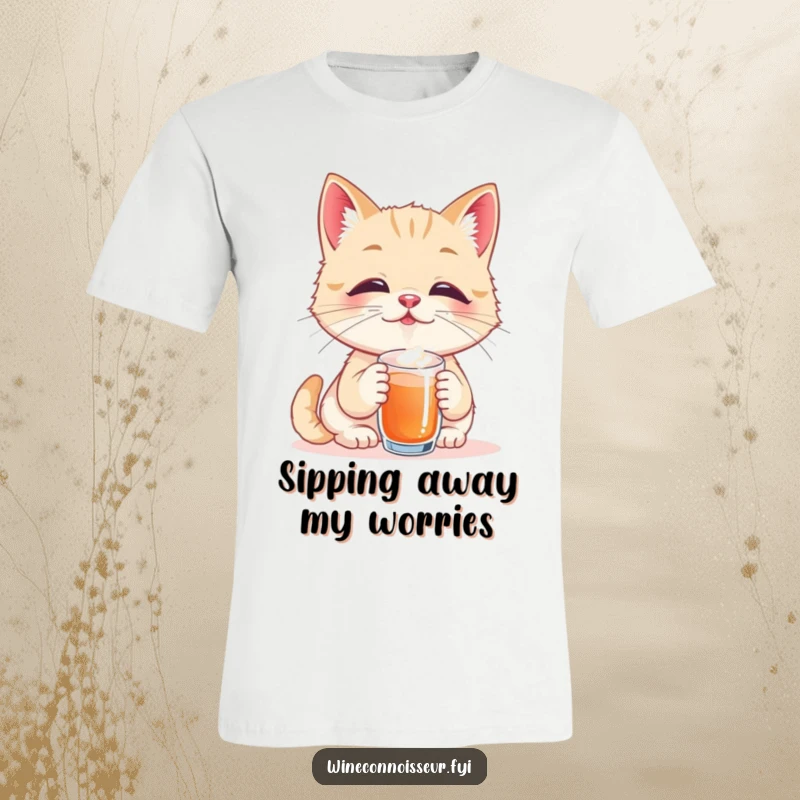 Funny t-shirt featuring a playful cat taster savoring a tiny sip, eyes closed in pure bliss, showcasing humorous contentment and feline elegance.