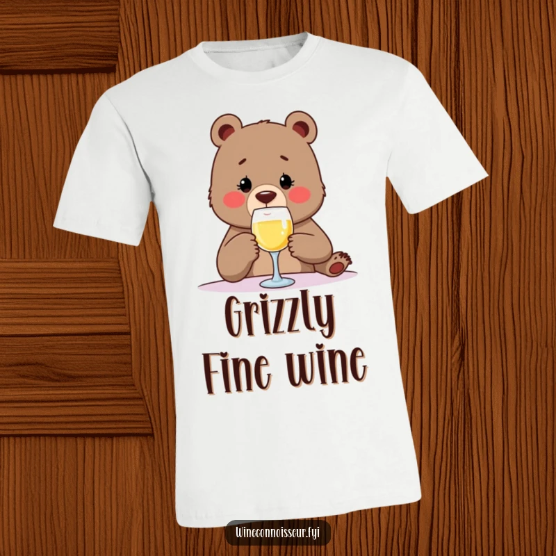 Funny determined bear wearing a smug look, delicately sipping wine from a tiny glass, printed on a comfortable t-shirt for humor lovers.