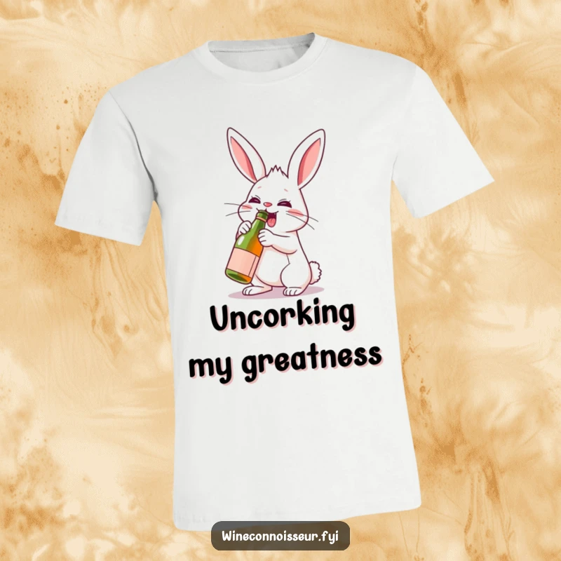Funny rabbit t-shirt featuring a determined rabbit character enthusiastically uncorking a miniature wine bottle, capturing a moment of pure joy.