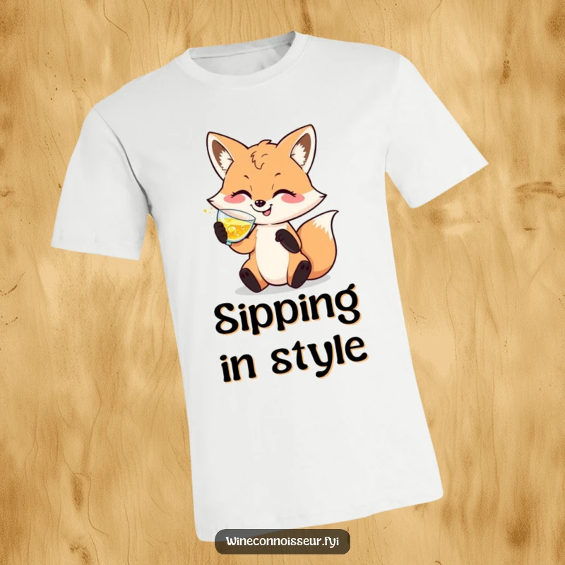 Funny t-shirt showcasing a happy, sophisticated fox character enjoying a glass of bubbly, radiating charm and refined humor.