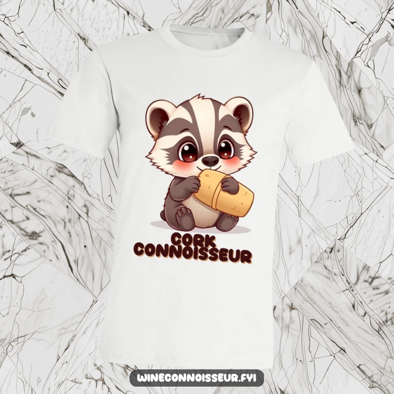 Funny t-shirt featuring a curious Kawaii badger character intently examining a cork, adorable animal exploration, perfect humorous gift.