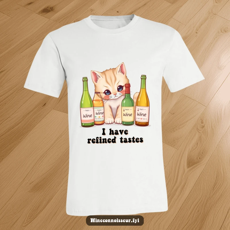 Funny T-Shirt: A curious kitten examining tiny wine bottles, capturing a moment of adorable feline investigation and humor.
