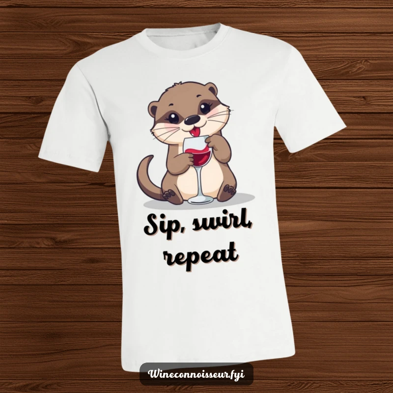 Funny t-shirt featuring a playful otter swirling wine in a small glass, representing fun and sophisticated beverage tasting.