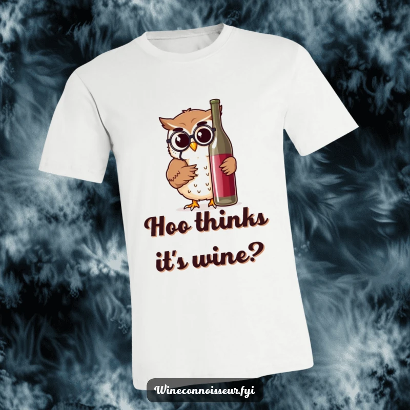 Funny t-shirt depicting a cheerful owl character inspecting a wine bottle with a monocle and a thoughtful nod, a wise apparel choice.