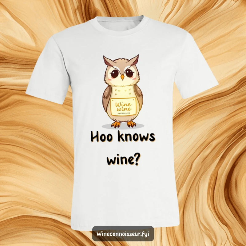 Funny t-shirt with a kawaii owl character illuminating a wine label with a gentle glow, conveying wise humor.