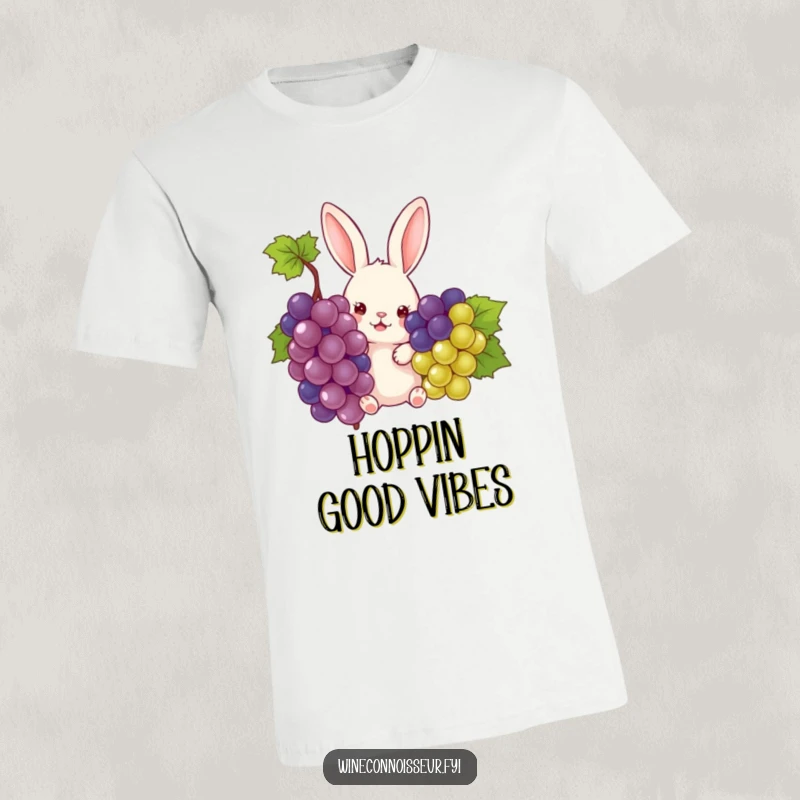 Funny rabbit peeking slyly from behind a cluster of juicy grapes, printed on a soft cotton t-shirt, ideal for a funny gift.