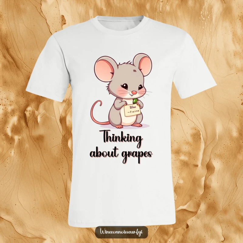 Funny wine mouse t-shirt depicting a small mouse intently studying a wine label. Humorous apparel for wine aficionados.