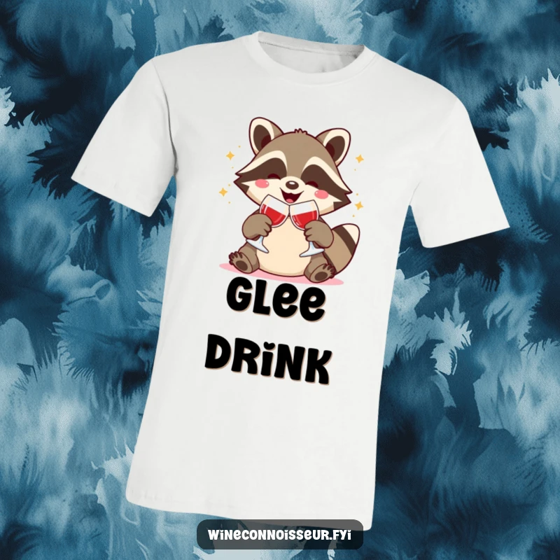 Funny t-shirt featuring a joyful Kawaii raccoon clinking wine glasses, celebratory toast, adorable animal fun, perfect humorous gift.
