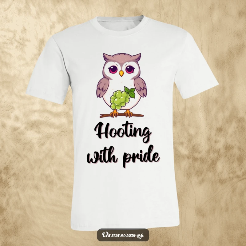 Funny proud owl t-shirt, balancing grape on beak, wise and witty bird apparel.