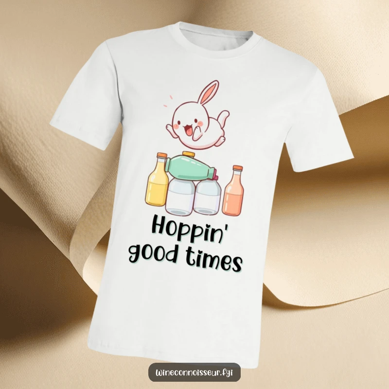 Funny t-shirt depicting a playful rabbit character performing a somersault over stacked bottles, capturing a moment of energetic humor.