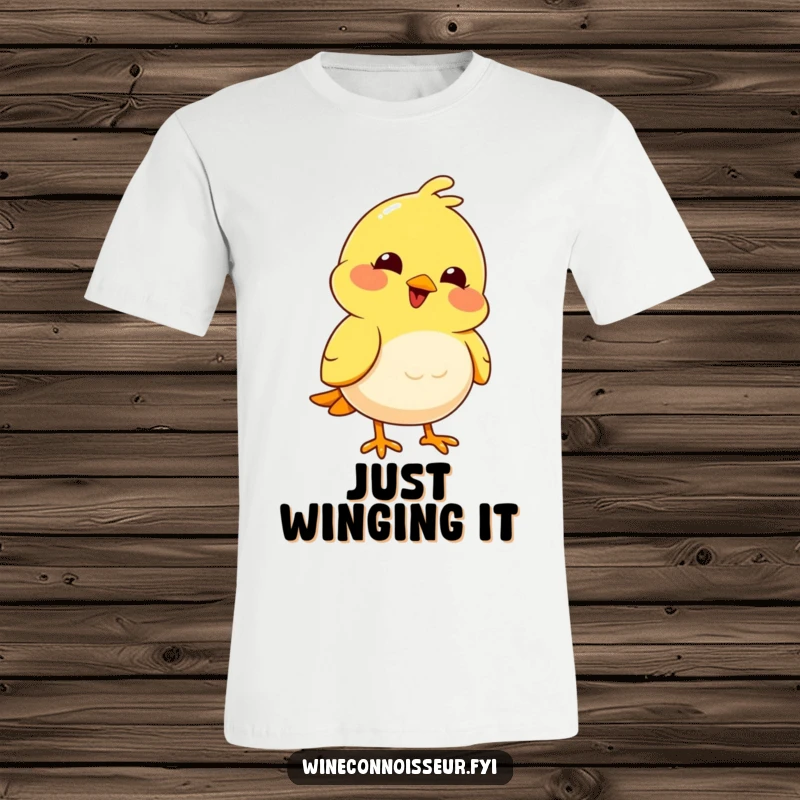 Funny joyful yellow bird with a pleased expression nodding thoughtfully on a funny t-shirt.