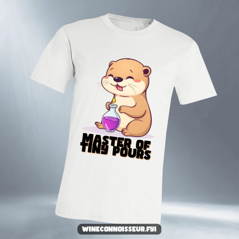 Funny t-shirt design of a happy otter meticulously pouring a tiny droplet into a decanter, symbolizing peaceful indulgence.