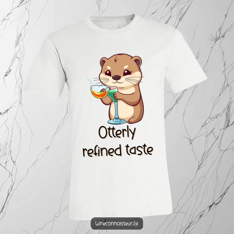 Funny otter t-shirt showing a sophisticated otter character artfully swirling a glass, embodying elegance and witty charm.