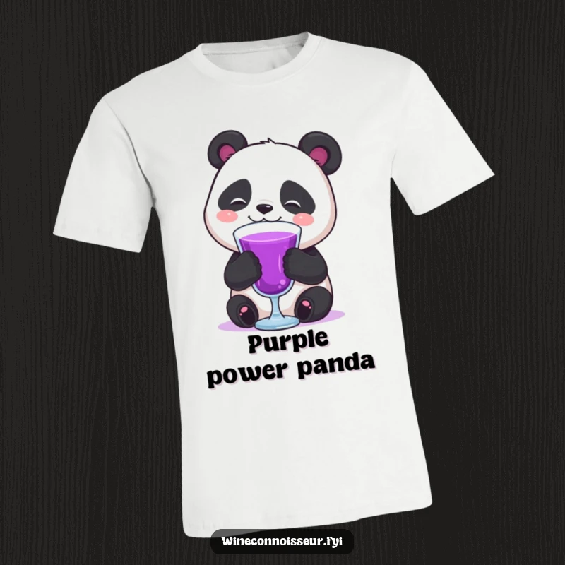 Funny happy panda enjoying a glass of purple liquid with a contented sigh, depicted on a t-shirt.