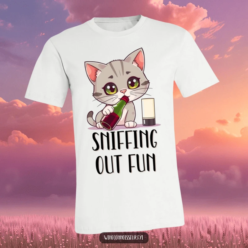 Funny t-shirt depicting a curious cat character intensely sniffing a wine bottle with wide, captivated eyes, full of playful intrigue.