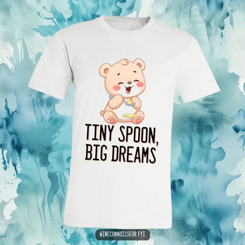 Funny giggling bear cub t-shirt showing a joyful cub tasting a sweet drop of liquid from a tiny spoon, capturing pure delight.