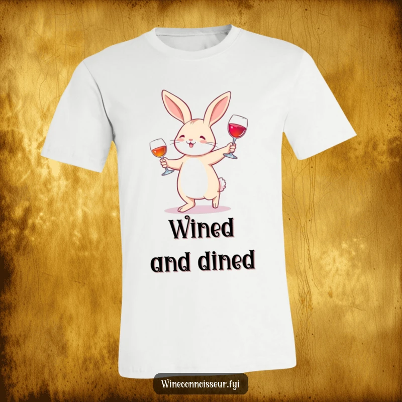 Funny T-Shirt: A joyful rabbit performing a waltz with a wine glass, capturing a moment of pure, uninhibited celebration.