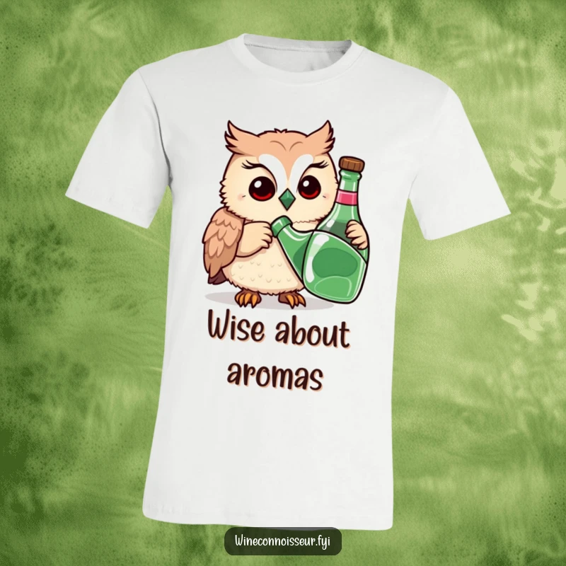 Funny t-shirt depicting a playful owl meticulously sniffing a bottle with a thoughtful expression, highlighting its curious and humorous nature.