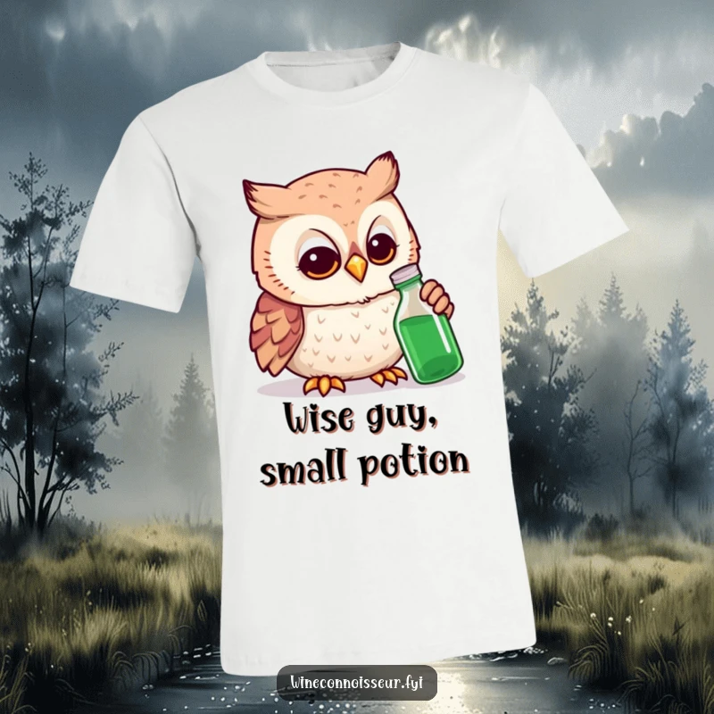 Funny owl expert t-shirt showcasing a smiling owl with a magnifying glass looking at a tiny bottle with intense focus.