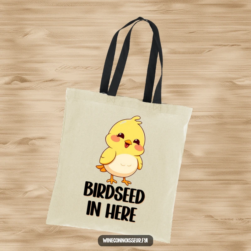 Funny joyful yellow bird with a pleased expression nodding thoughtfully on a funny tote bag.