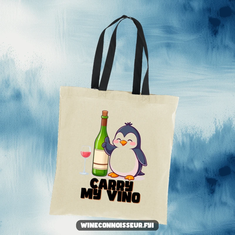 Funny Tote Bag: A contented penguin giving a thumbs up next to a wine bottle, perfect for carrying items with happy approval.