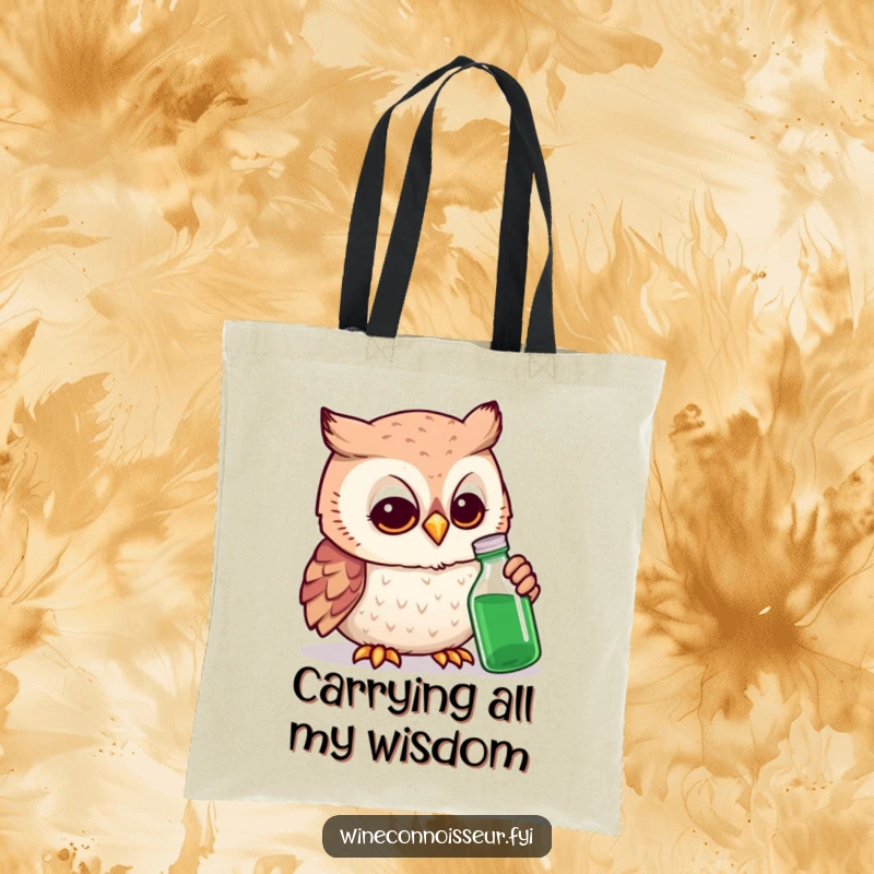 Funny owl expert tote bag depicting a smiling owl examining a tiny bottle with a magnifying glass, looking very serious.
