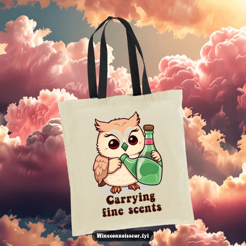 Funny tote bag depicting a playful owl meticulously sniffing a bottle with great thought, a humorous and practical accessory.