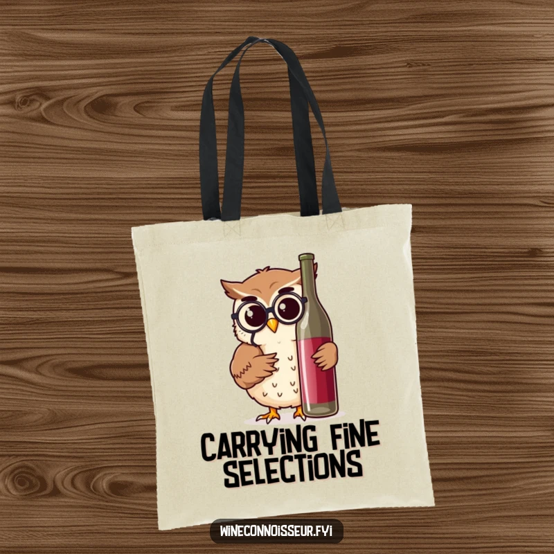 Funny owl character with monocle examining a wine bottle, featured on a durable and humorous tote bag for shoppers.