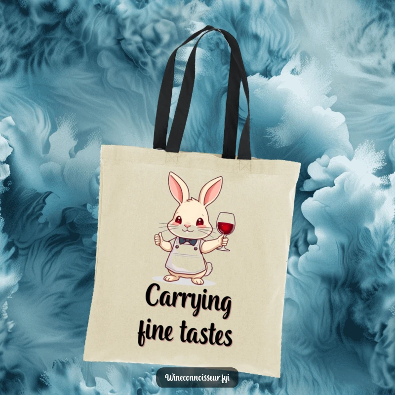 Funny brave rabbit sommelier tote bag, wearing apron, nodding wisely, chic accessory for wine bags.