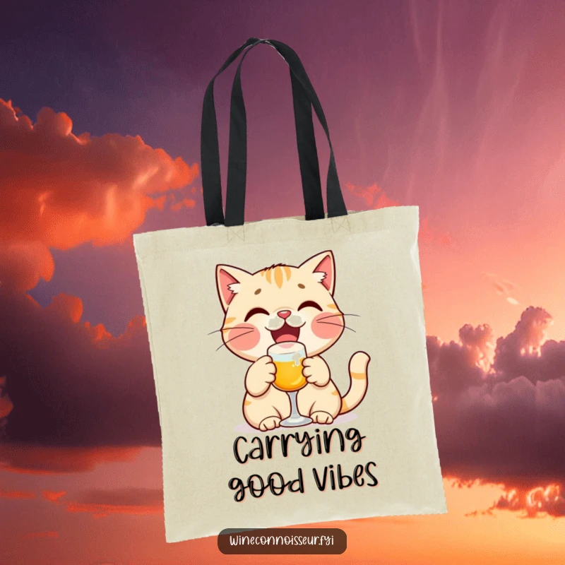 Funny cat tote bag featuring a delighted cat character in the act of toasting with a tiny glass, perfect for carrying joy.