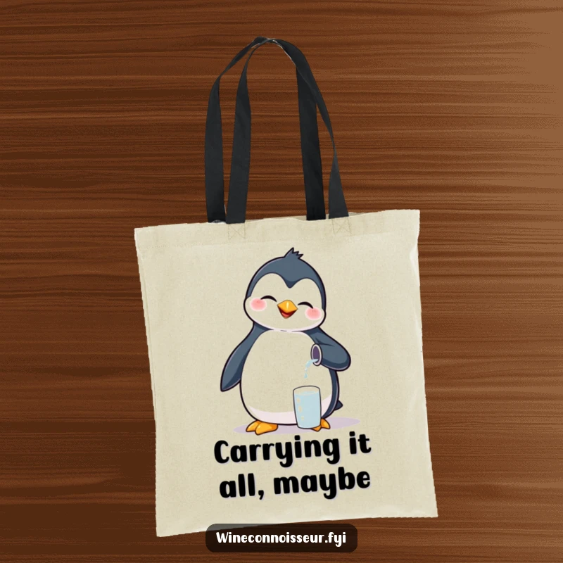 Funny giggling penguin tote bag, pouring tiny liquid, cute and practical accessory for bird fans.