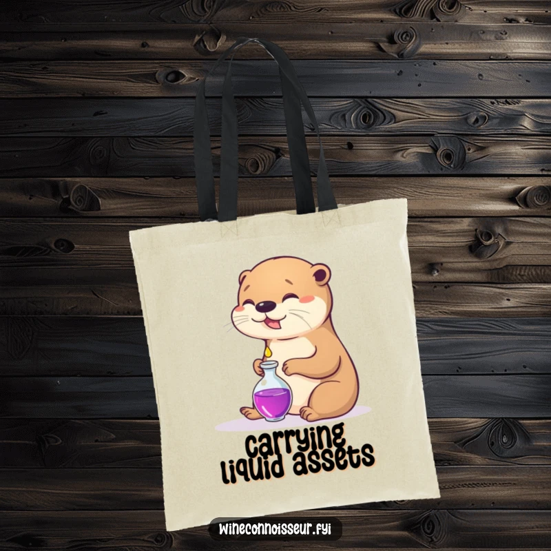 Funny tote bag with a contented otter pouring a minuscule droplet into a decanter, perfect for carrying essentials.