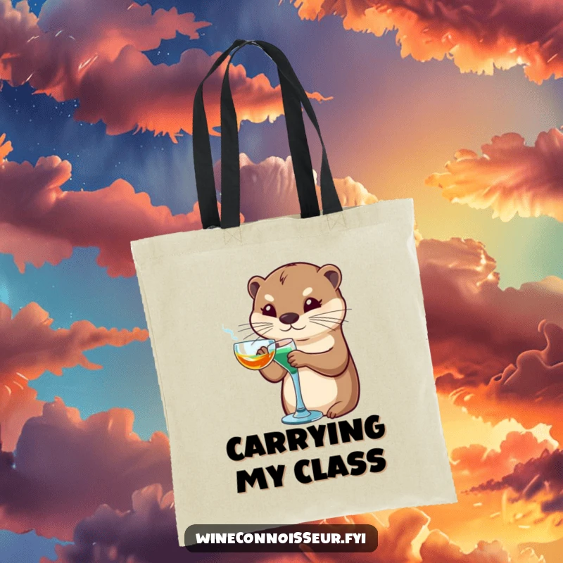 Funny otter tote bag showcasing a sophisticated otter character artfully swirling a glass, perfect for stylish and humorous errands.