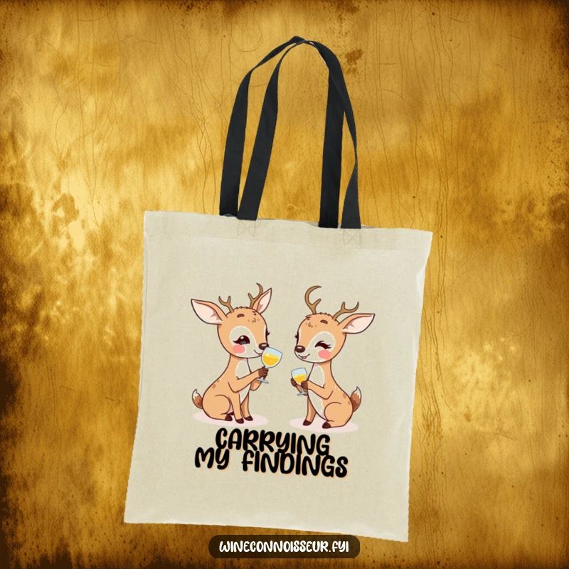Funny tote bag with kawaii deer characters enthusiastically discussing tasting notes, perfect for carrying essentials and humor.