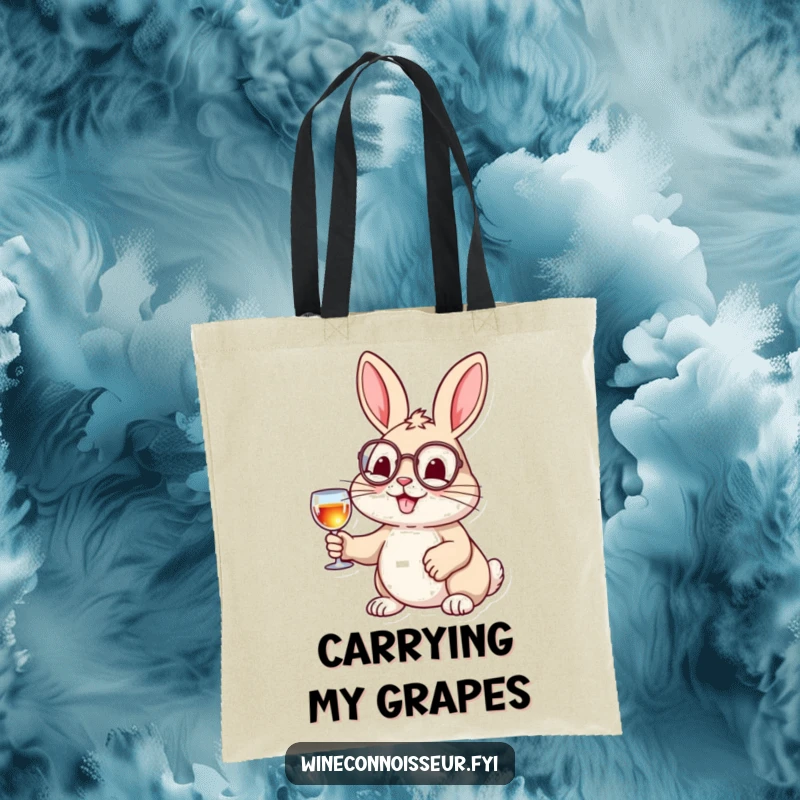 Funny tote bag featuring a cheerful rabbit with a monocle and wine glass, a humorous and elegant accessory.