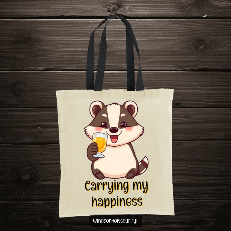 Funny badger tote bag showing a happy character toasting with a small glass, wide smile, ideal for humorous everyday use.