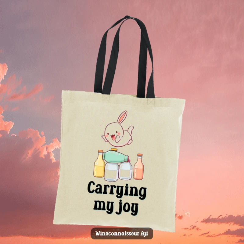 Funny tote bag with a playful rabbit character somersaulting over stacked bottles, perfect for carrying items with energetic humor.